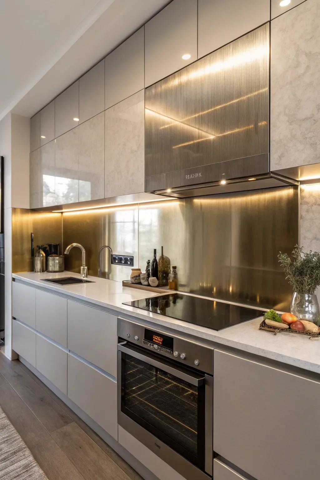 Metallic sheets provide a contemporary and reflective backsplash choice.