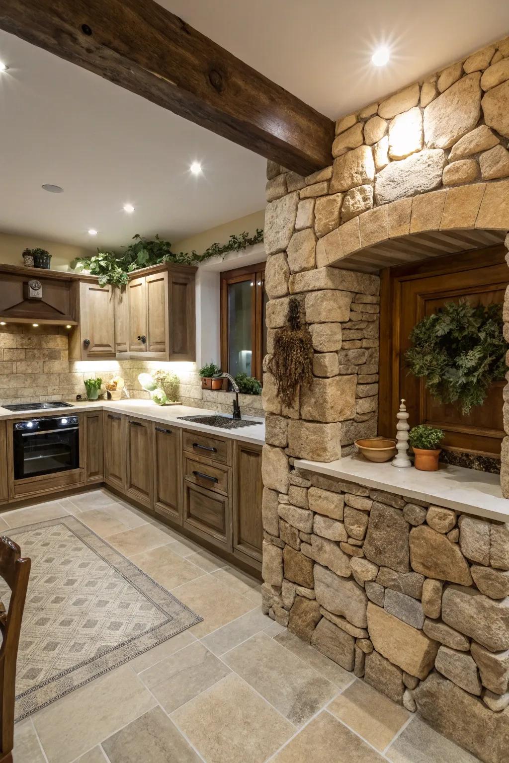 Real rock borders add an elegant, down-to-earth feel to your kitchen.