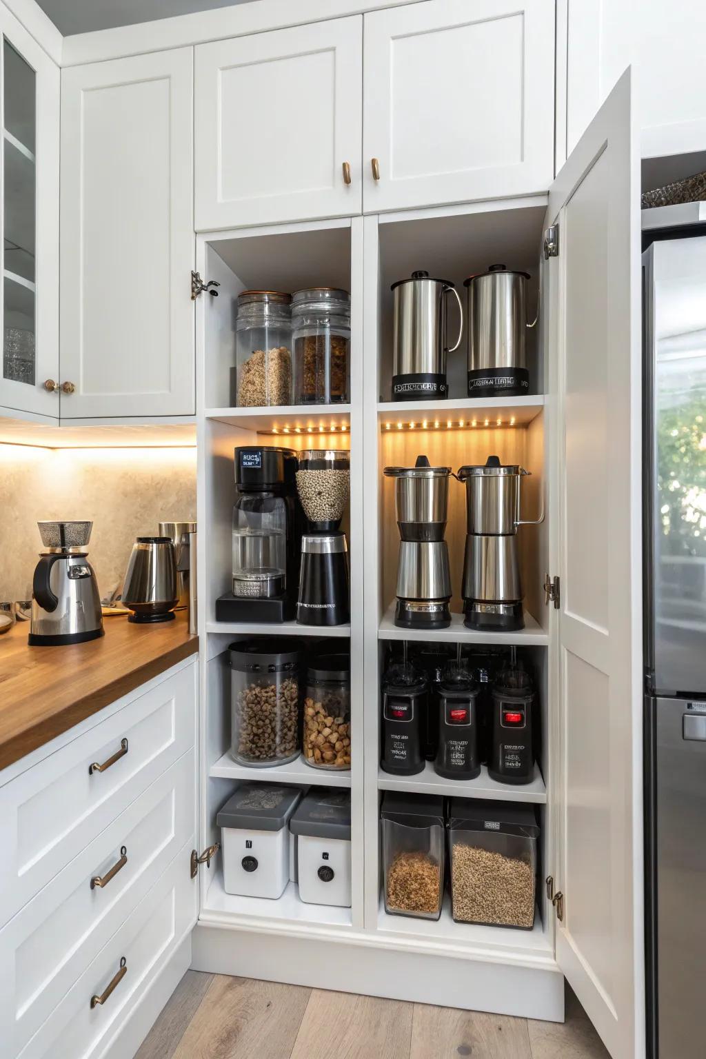Practical cabinets designed for efficient coffee station organization.