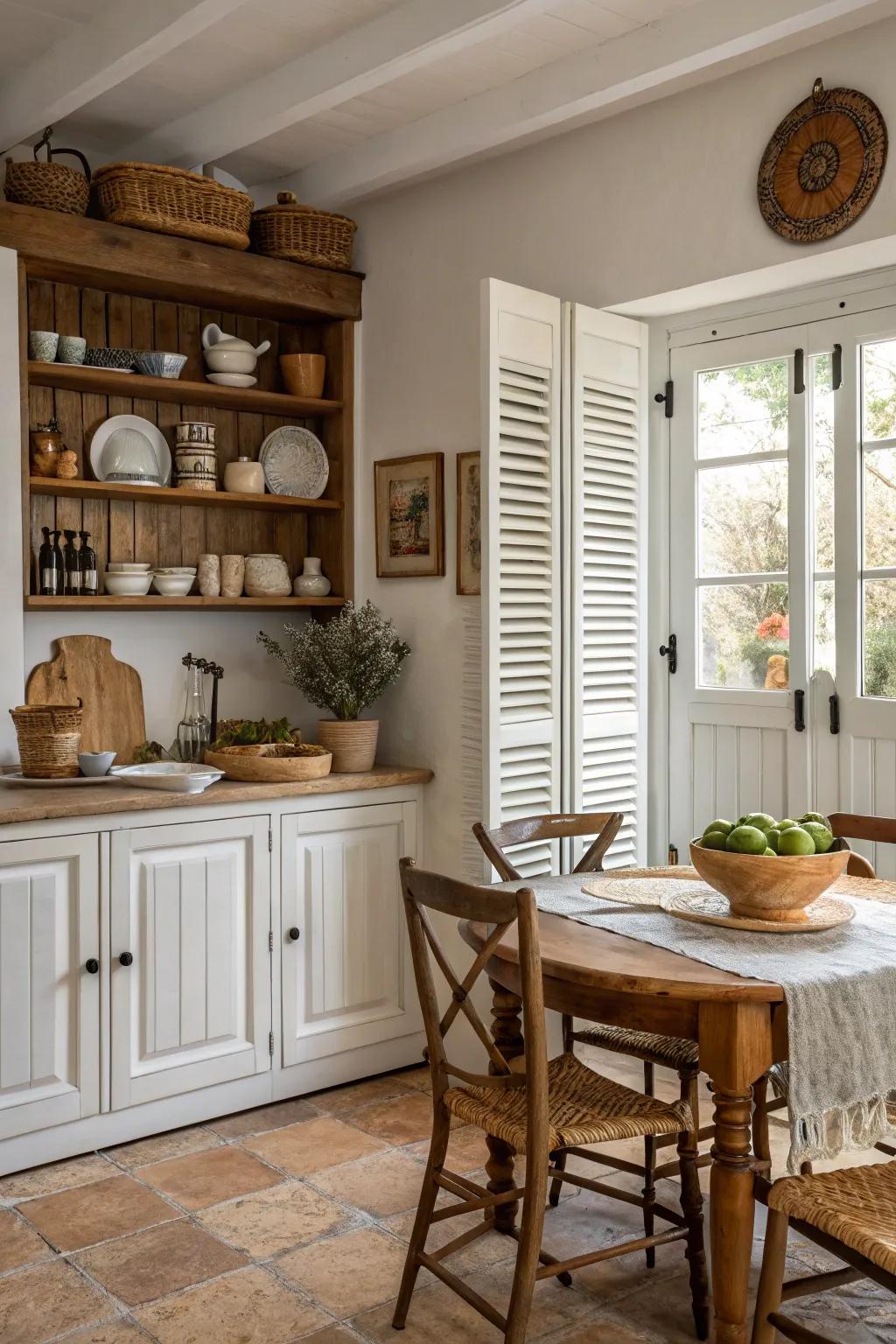 Country-style shutters bring rustic charm to your kitchen.