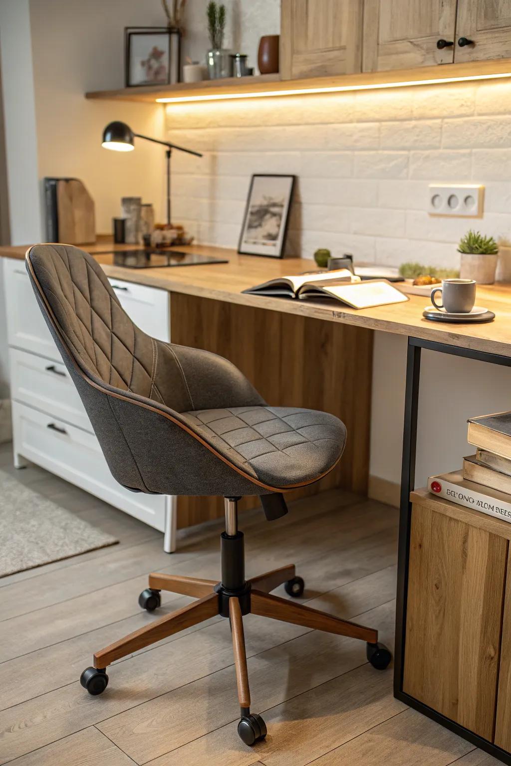 A cozy and stylish chair complementing the kitchen desk area.