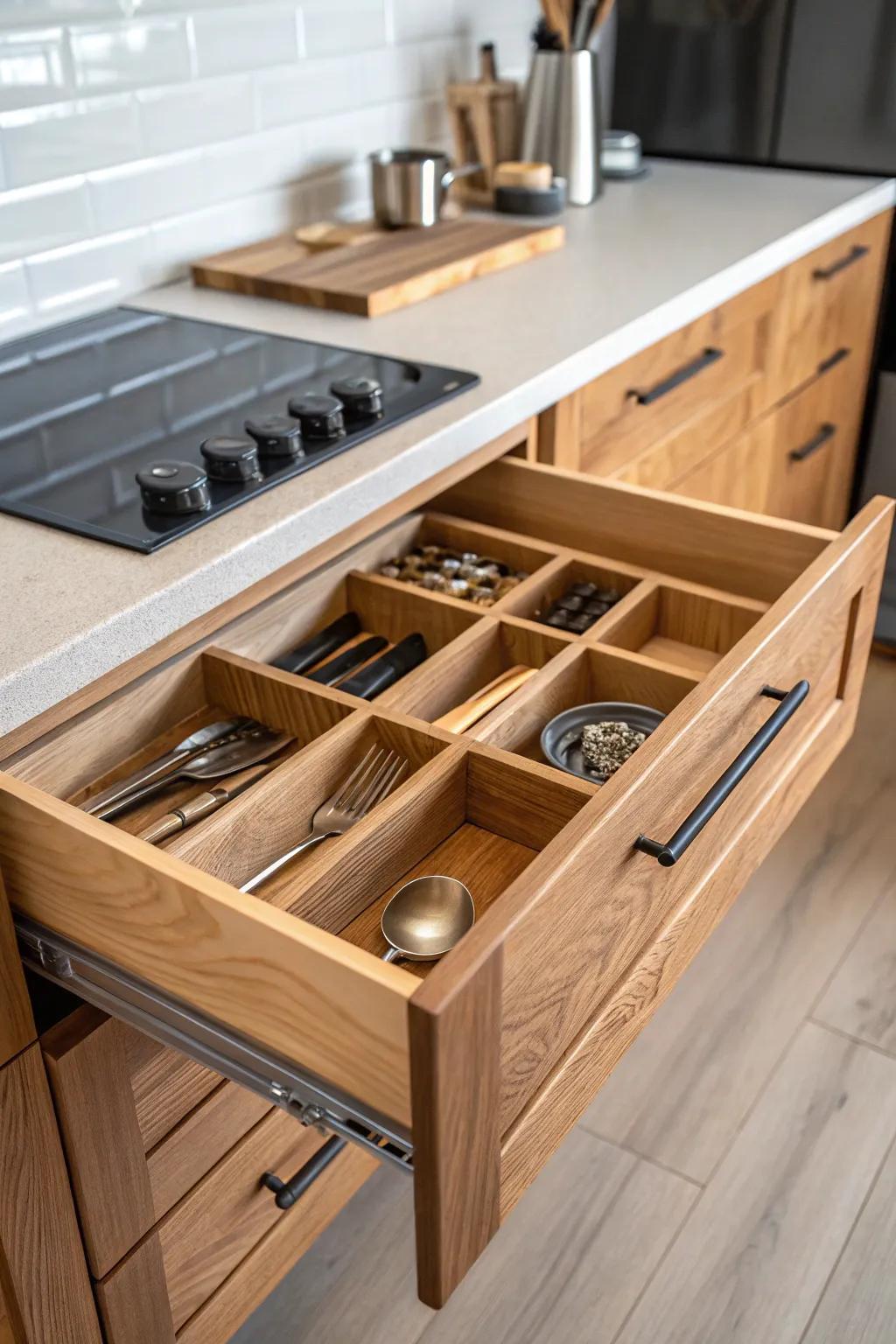 Add a touch of elegance with natural wood finishes for your kitchen drawers.