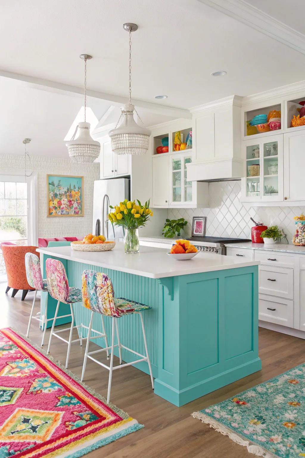 An aqua kitchen island delivers an animated and vibrant element to the kitchen.