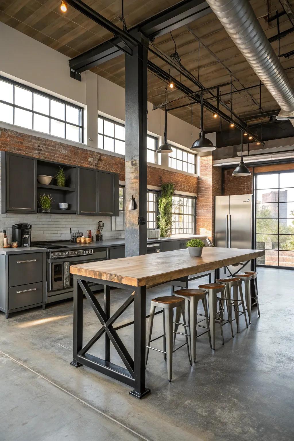 An urban edge for a striking kitchen island eating setup.