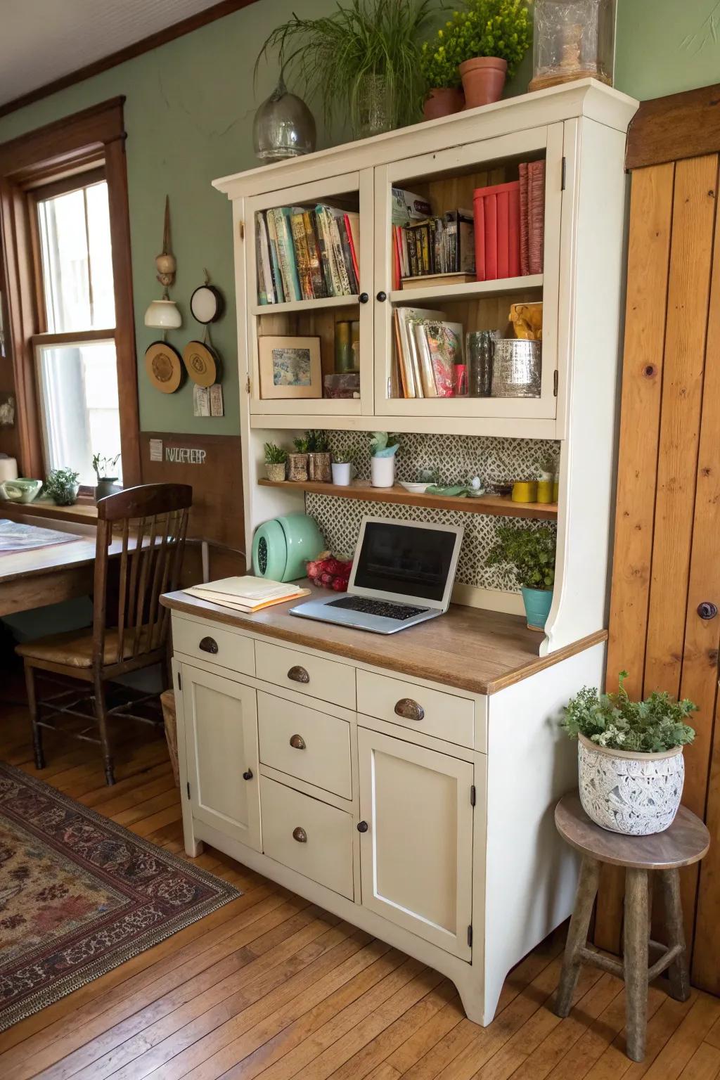 An antique cabinet creatively turned into a kitchen office.