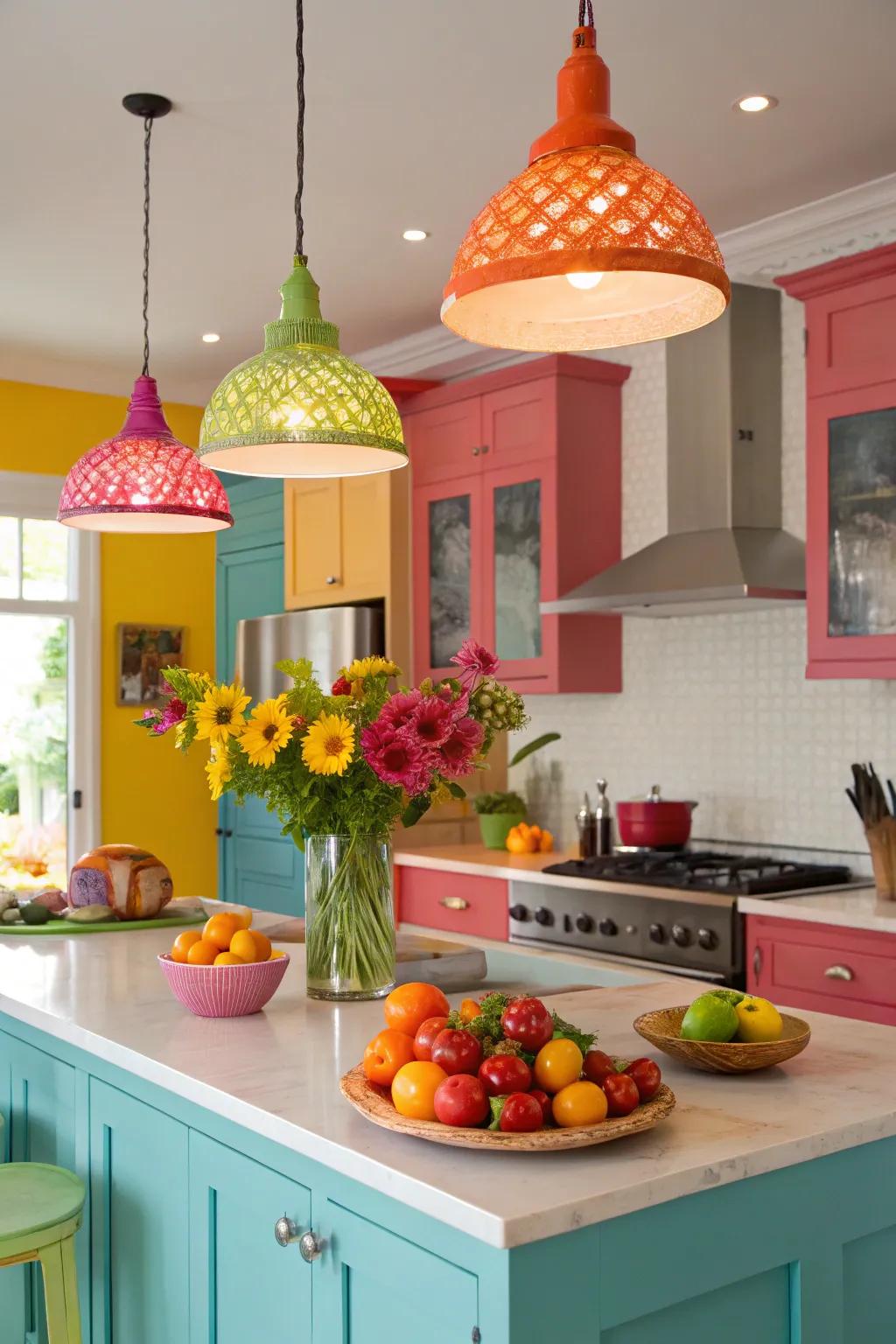 Vibrant pendants for a playful element.