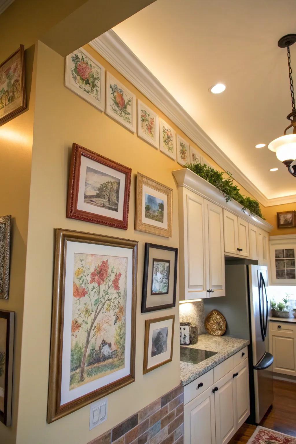Artwork displayed on the kitchen soffit, creating a personal and artistic touch.