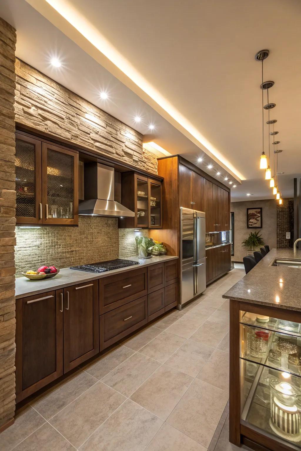 Mixed materials enrich soffit lighting with depth and character.