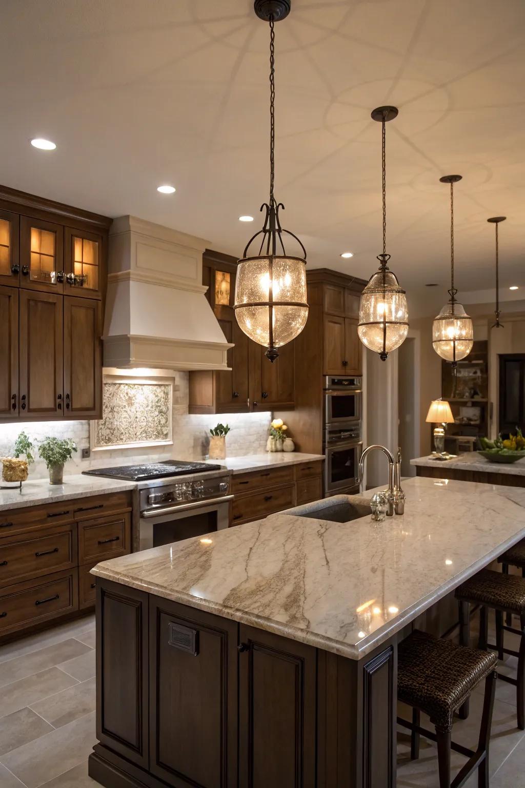 Strategic illumination enhances the kitchen's ambiance and practicality.