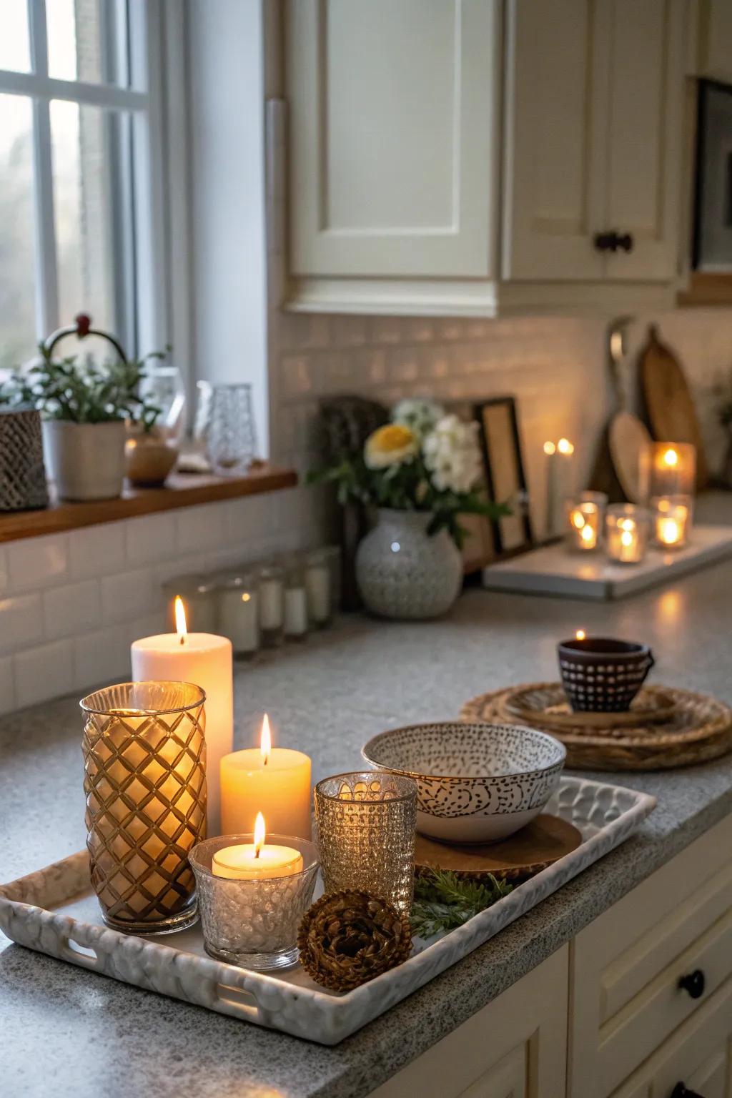 Add warmth and coziness to your kitchen vignette with candles.