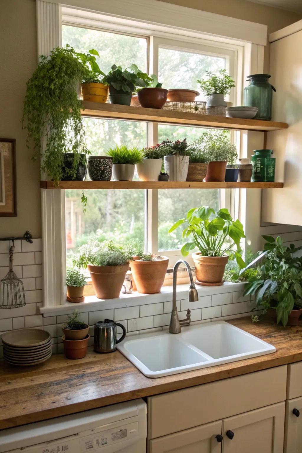 Built-in shelving under a kitchen window showcases decorative plants.