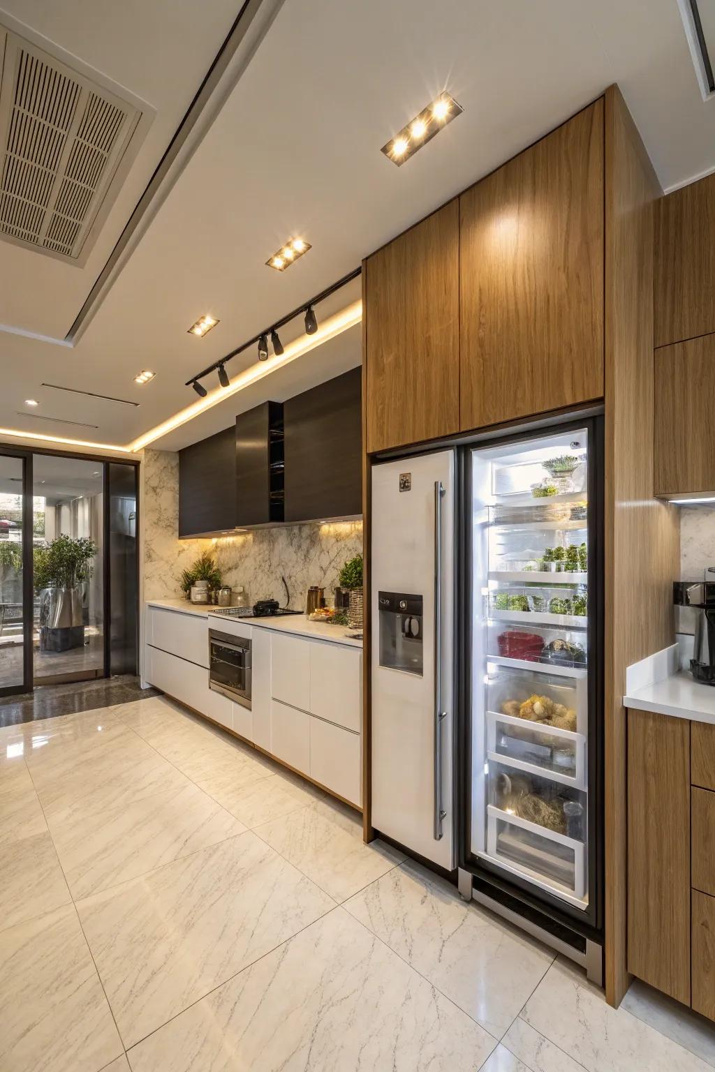 A fridge strategically used to divide the kitchen and dining areas in an open-concept design.