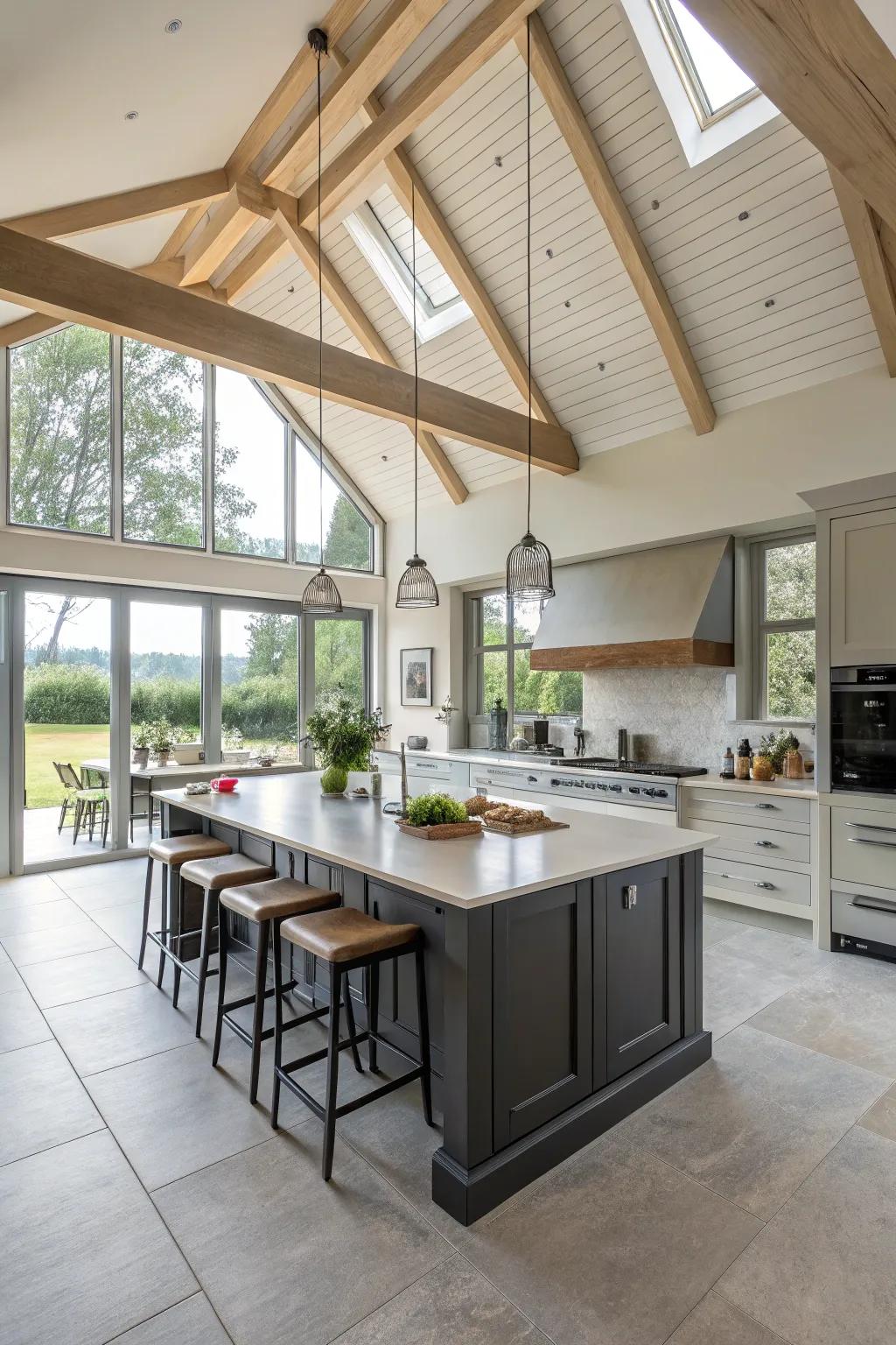 A central island is the focal point of this kitchen with a vaulted ceiling.