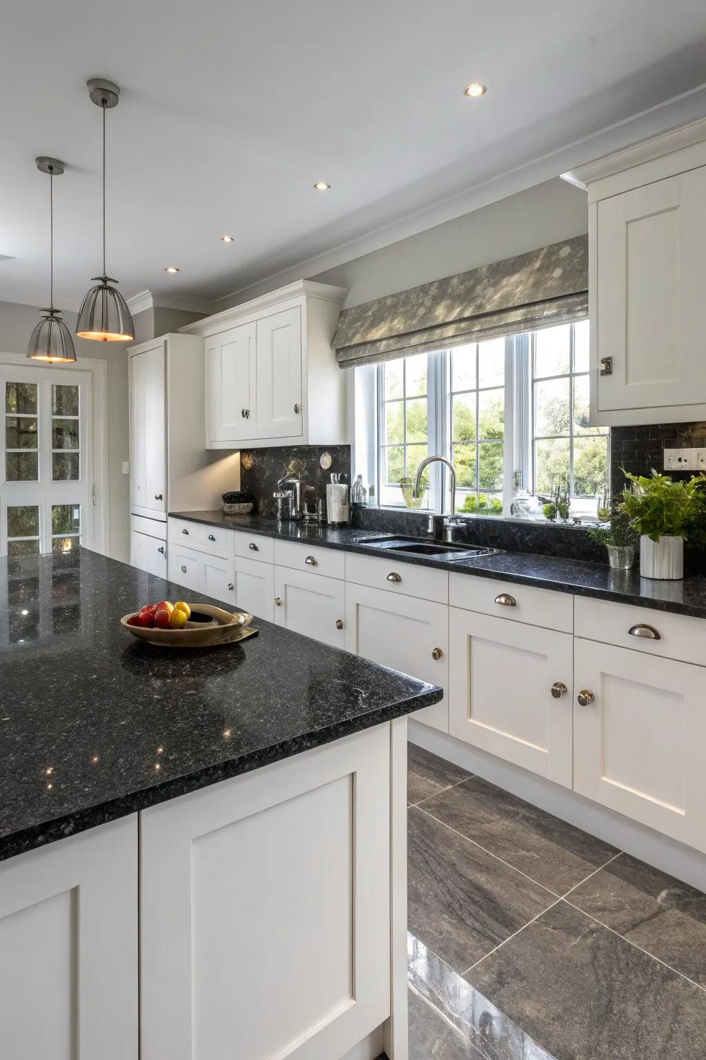 Dark countertops introduce drama and sophistication.