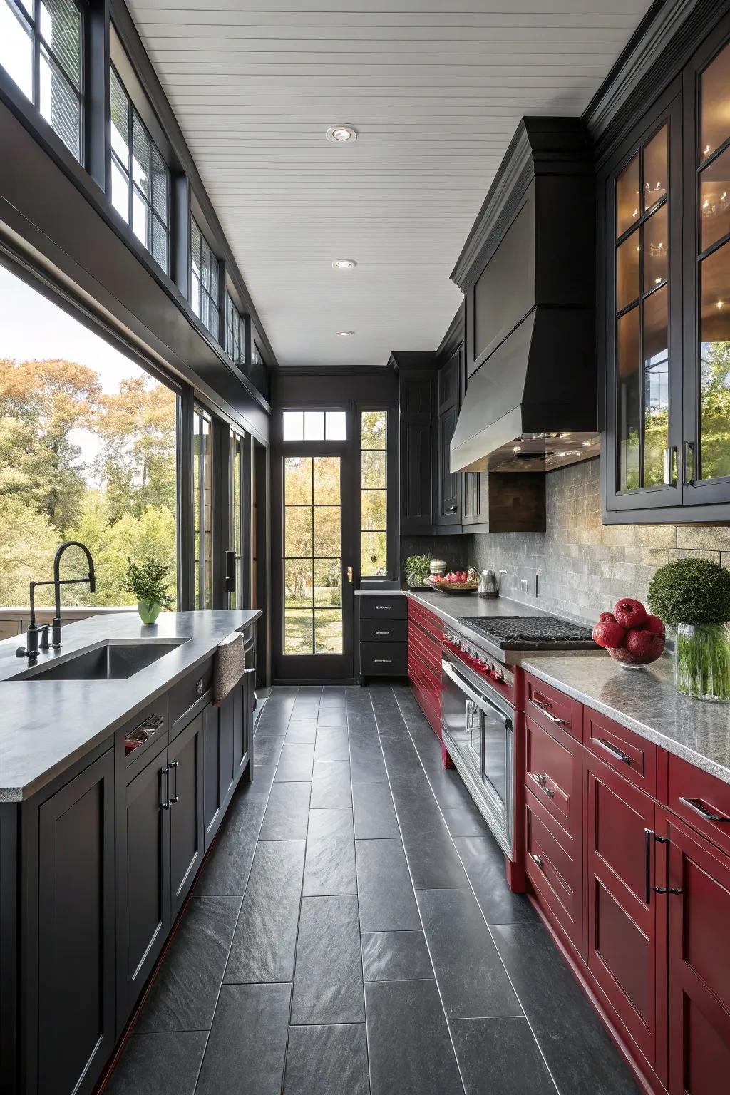 The combination of dark cabinets and dark floors creates a dramatic and bold kitchen design.