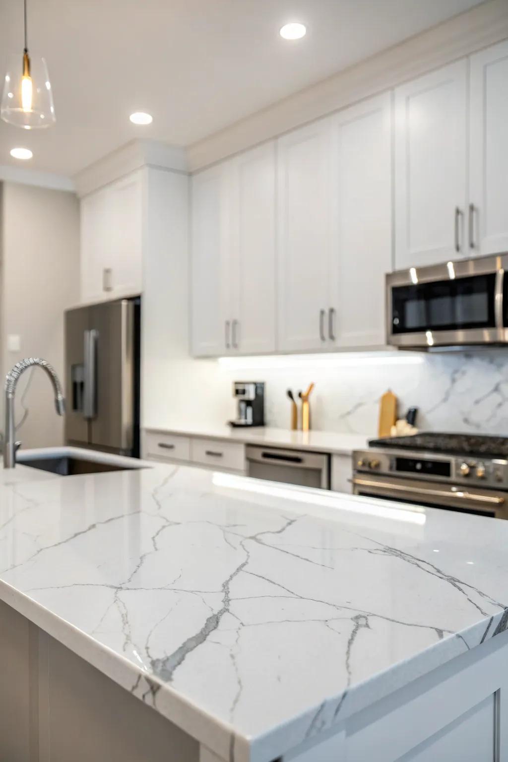 Upscale, yet easy-care, marble-look quartz worktops.