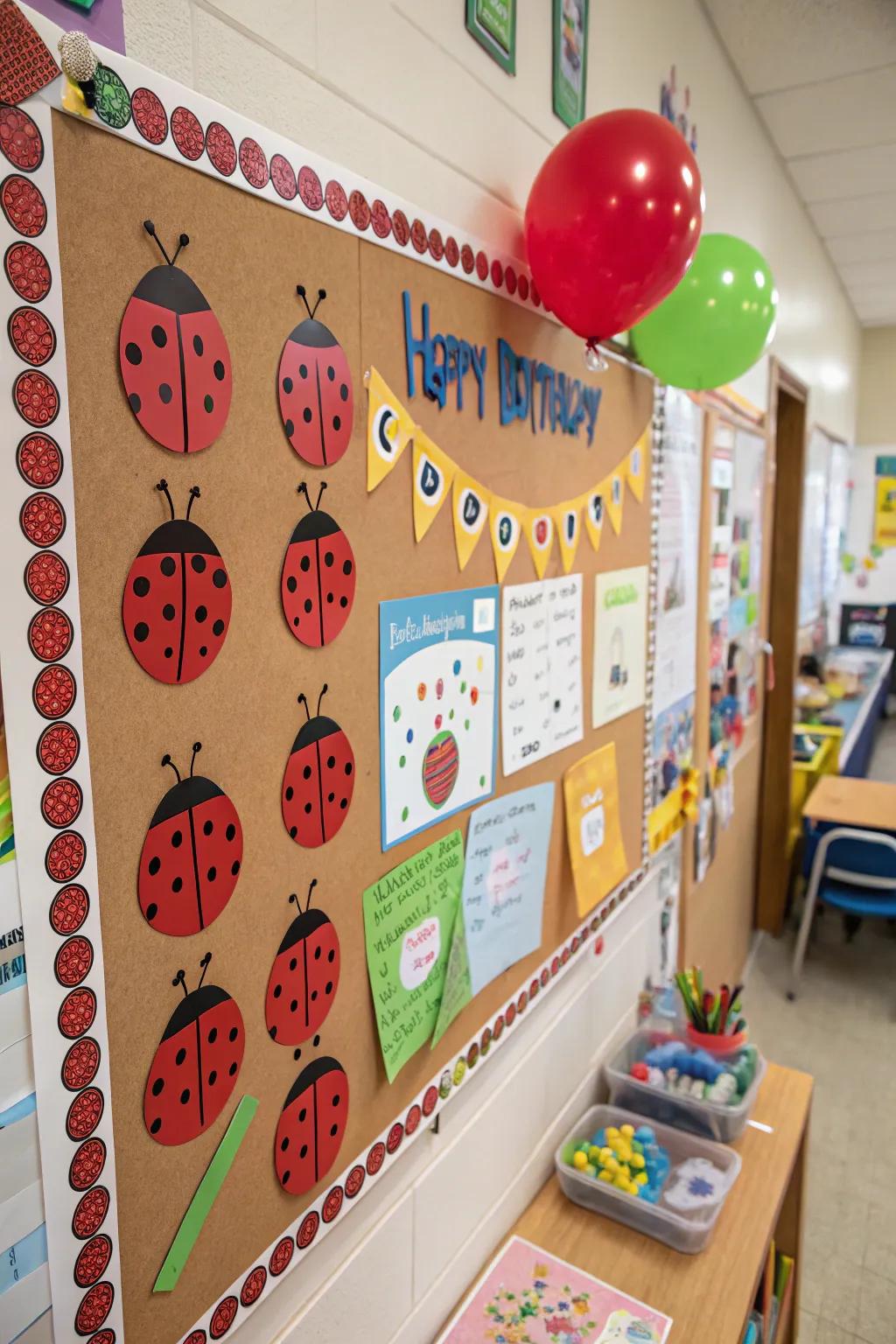 A festive ladybug birthday board celebrating students' special days.