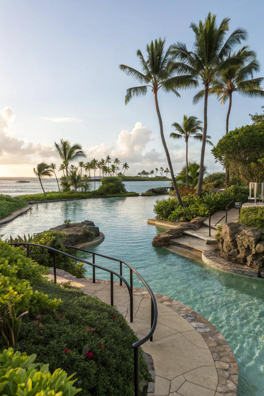 Walk-in entrances improve the accessibility and charm of lagoon pools.