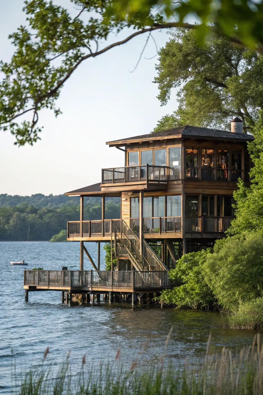 A multi-story lake house designed to adapt to the terrain.