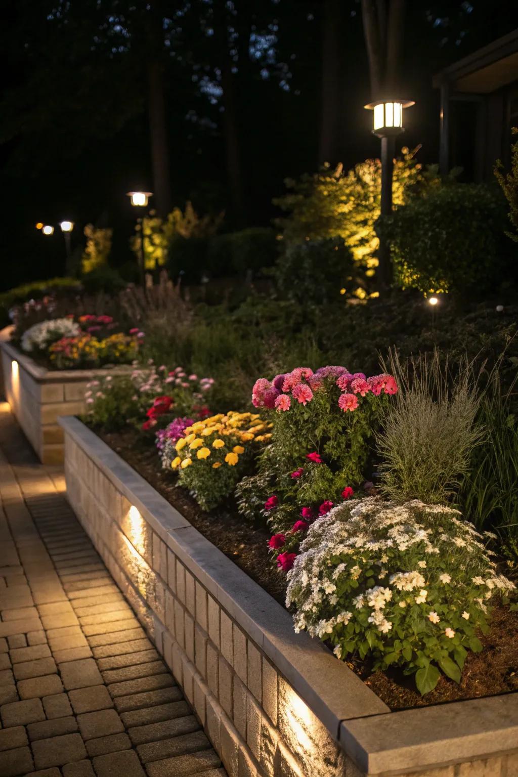 Garden bed lighting highlighting the natural beauty after sunset.