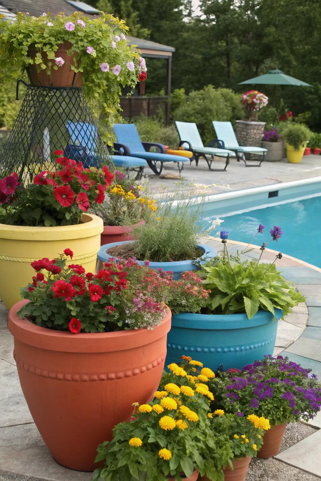 Pots and planters add decorative elements that help disguise pool equipment.