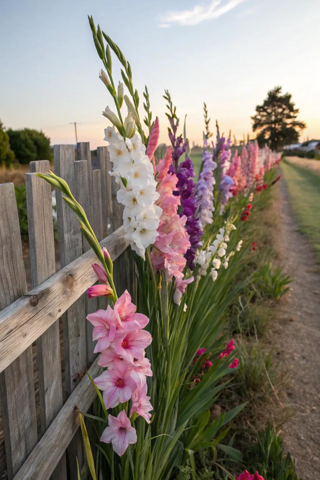 Gladiolus create an amazing backdrop against a weathered fence.