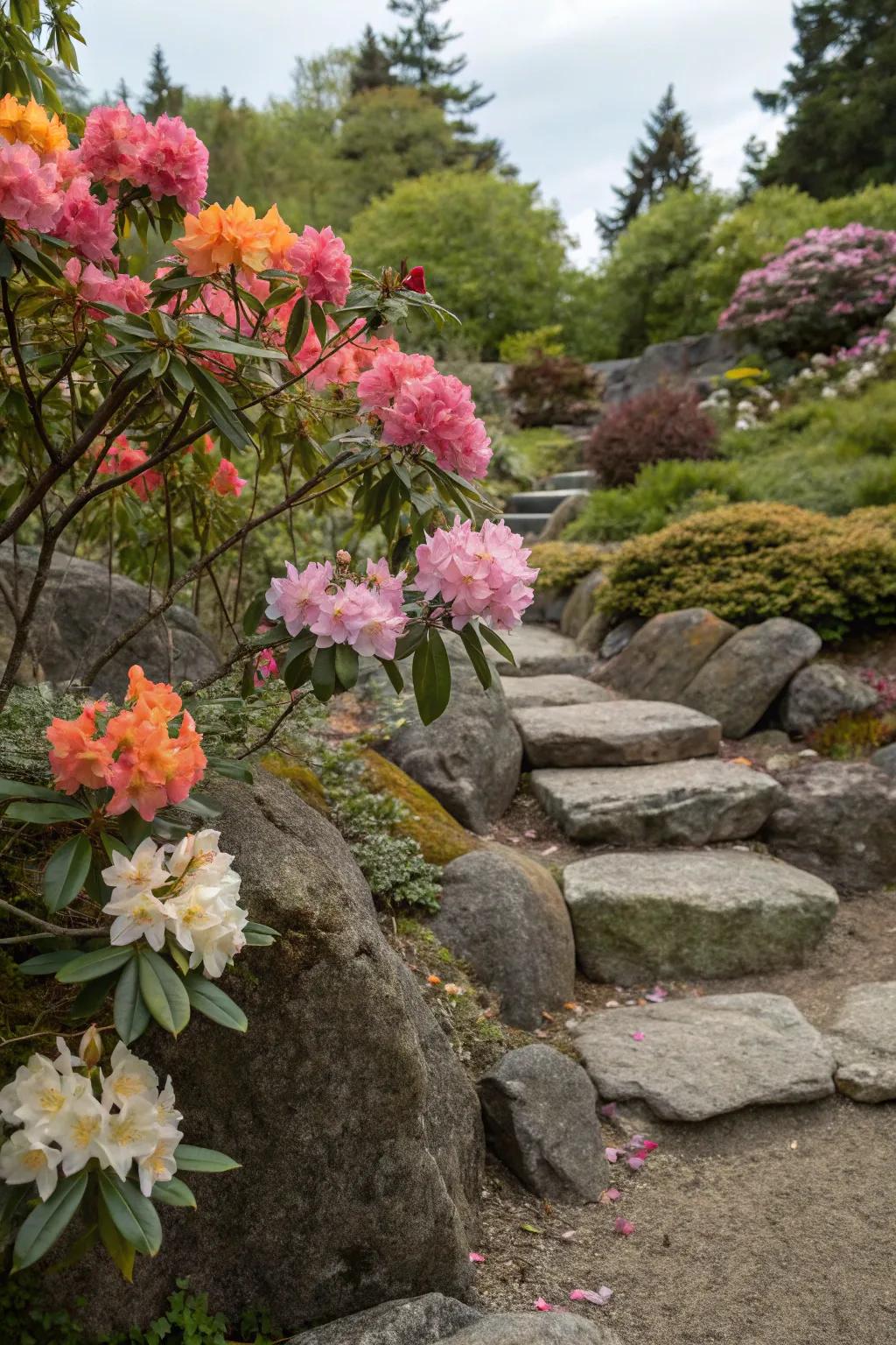 Rhododendrons contribute color to a stone garden landscape.