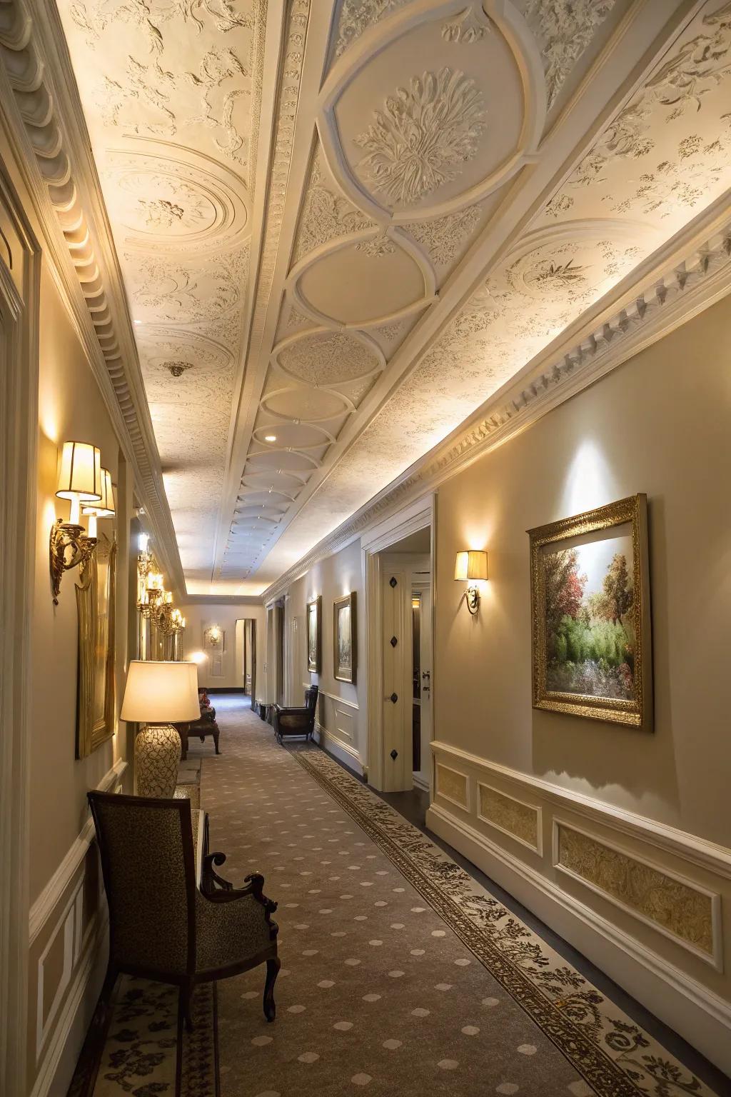 A beautifully decorated corridor with wide crown molding, boosting its beauty.