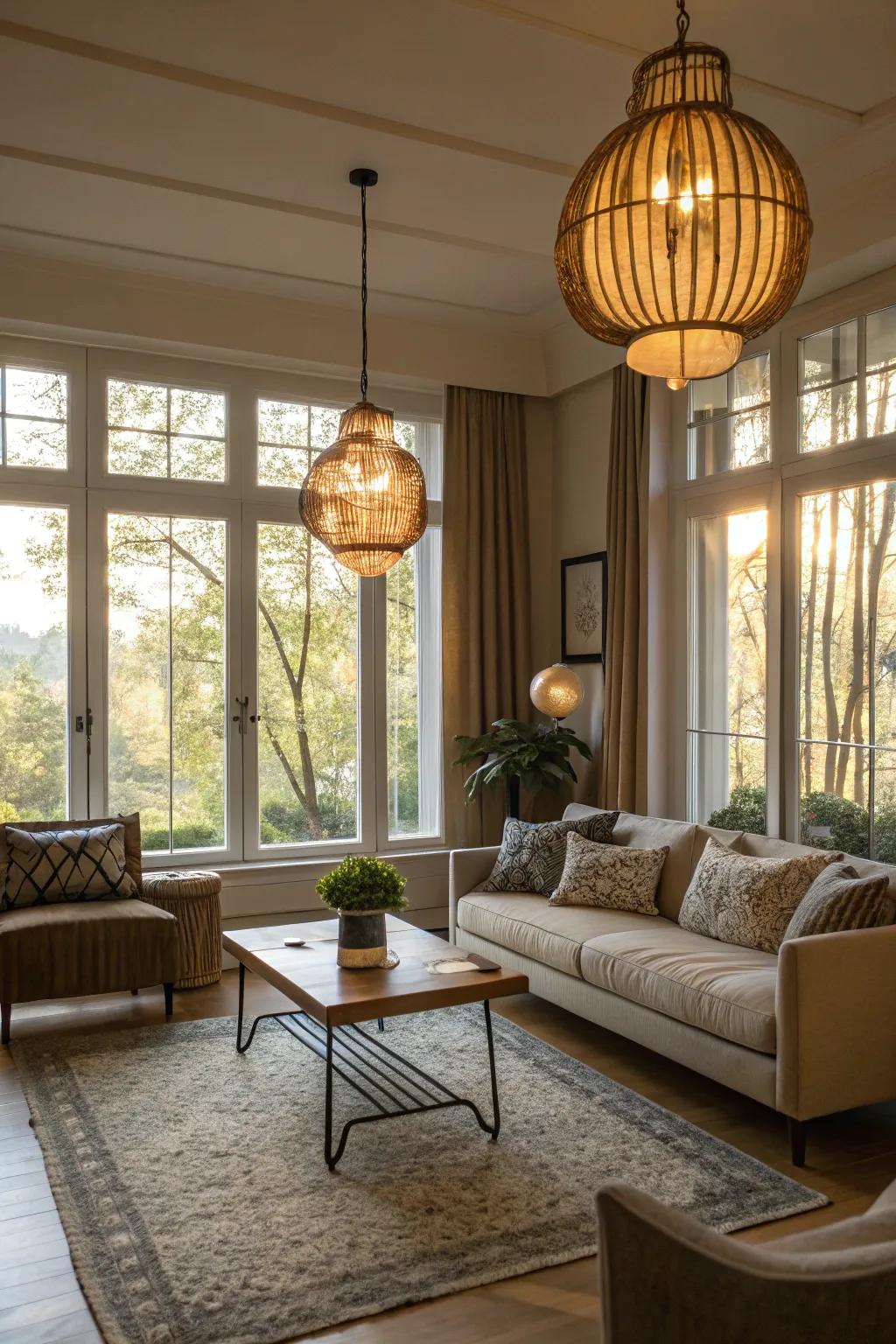 Good lighting that enhances natural light from big windows.