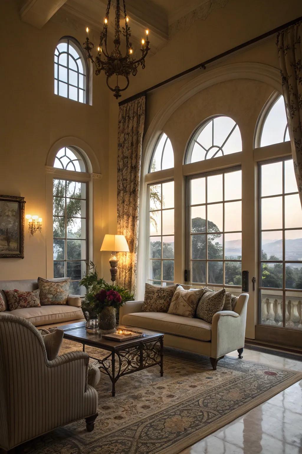 Vaulted windows adding a sense of refinement to a stylish living space.
