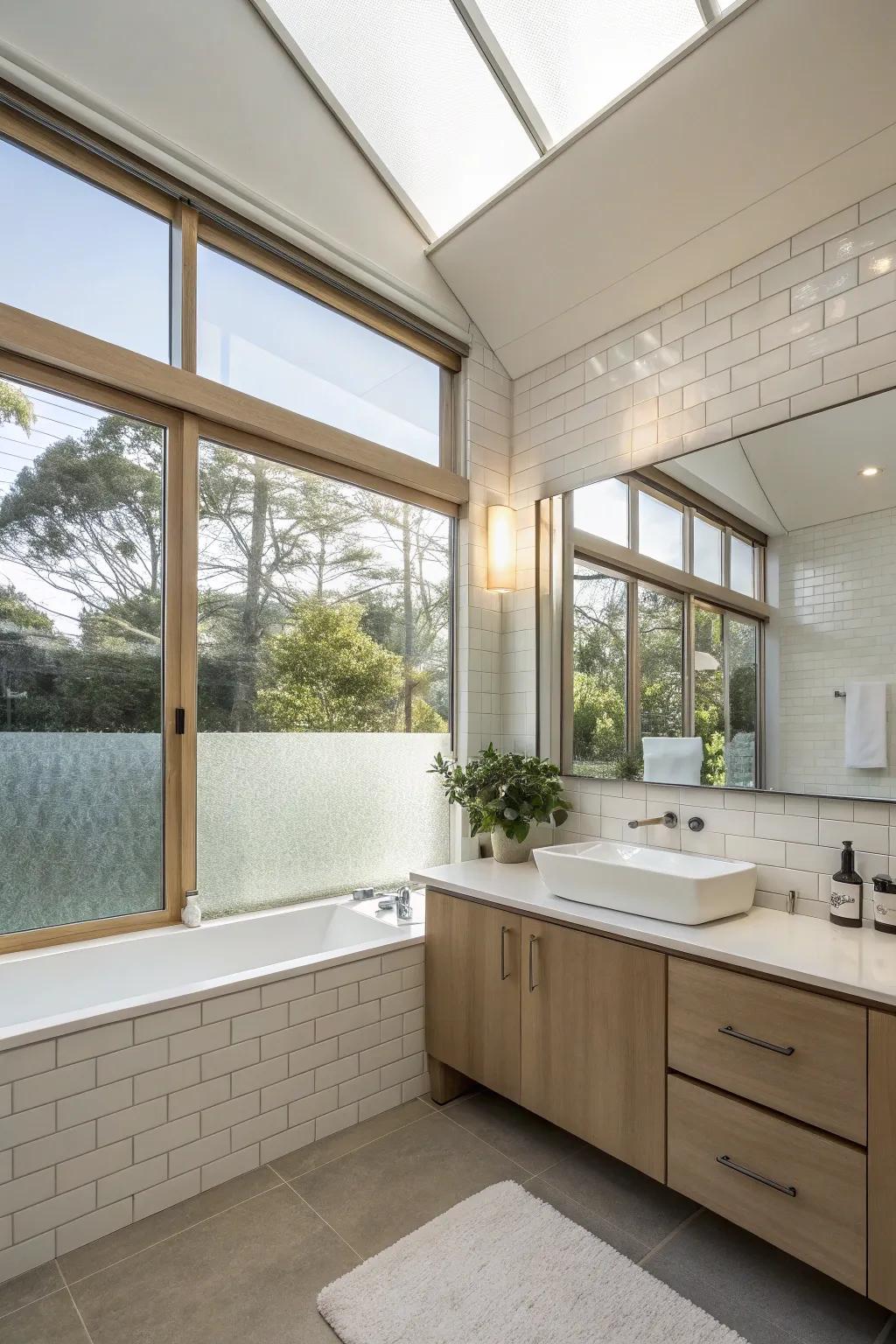 High windows offering daylight and privacy to a bathroom.