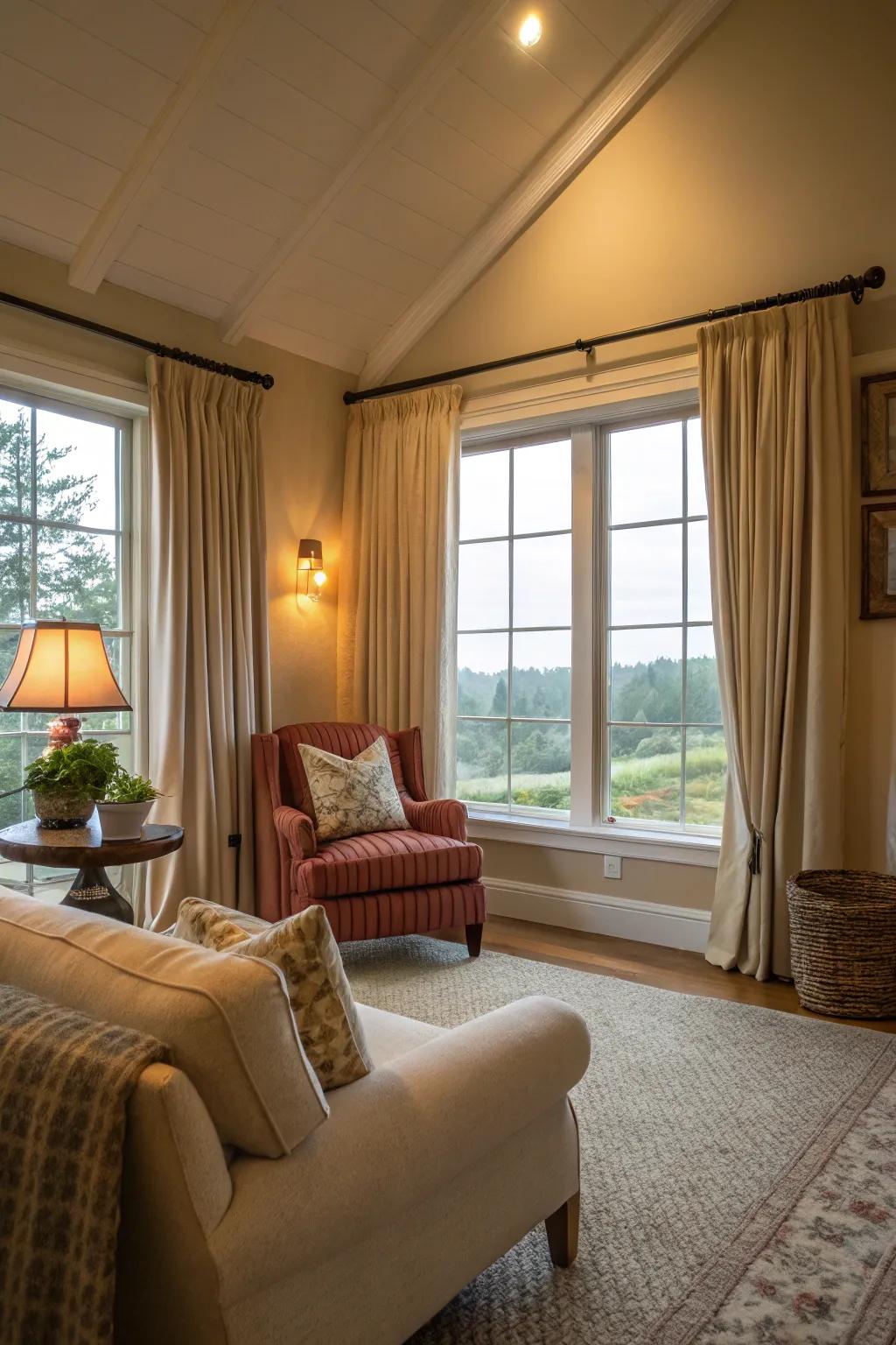 Loop-top curtains provide a casual appearance.