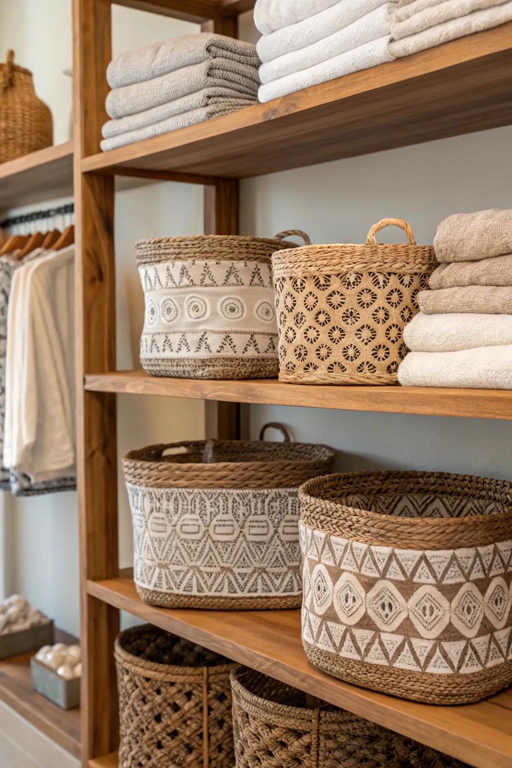 Decorative baskets blend style and effective storage.