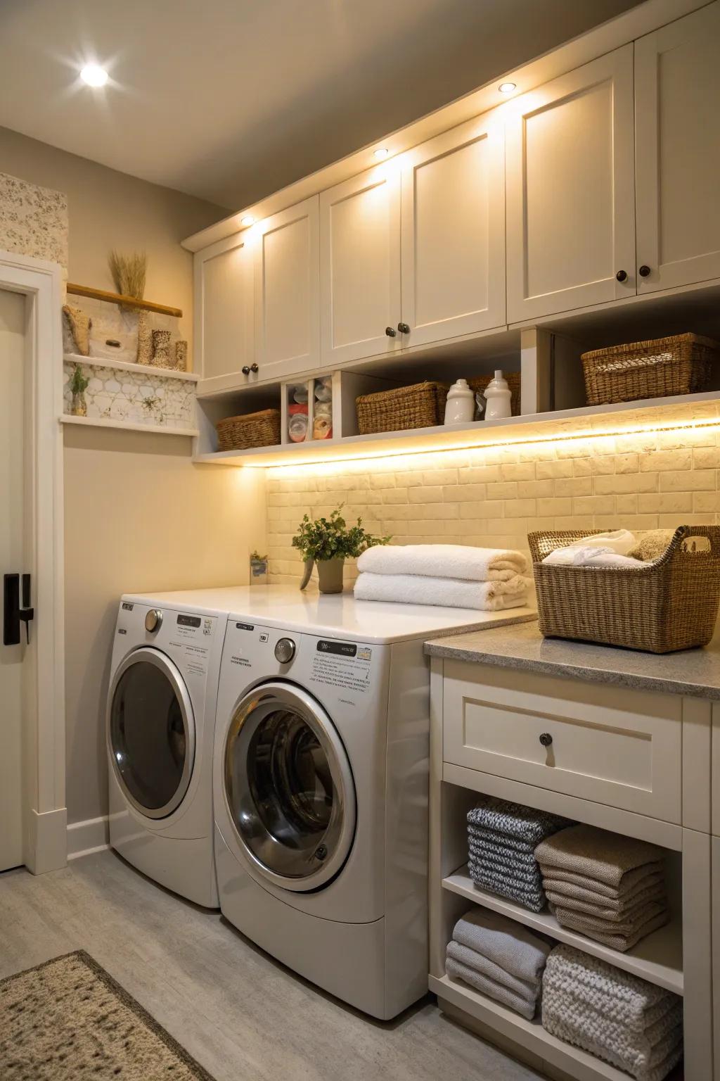 Under-cabinet lighting boosts both functionality and atmosphere.