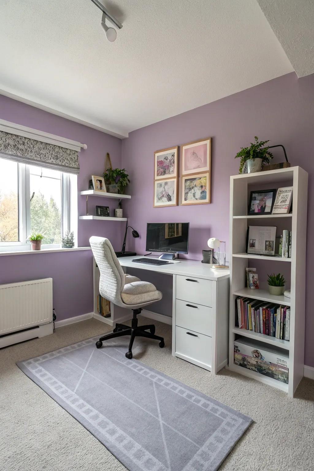 A calming home office featuring lilac walls and desk liner for a focused work setting.