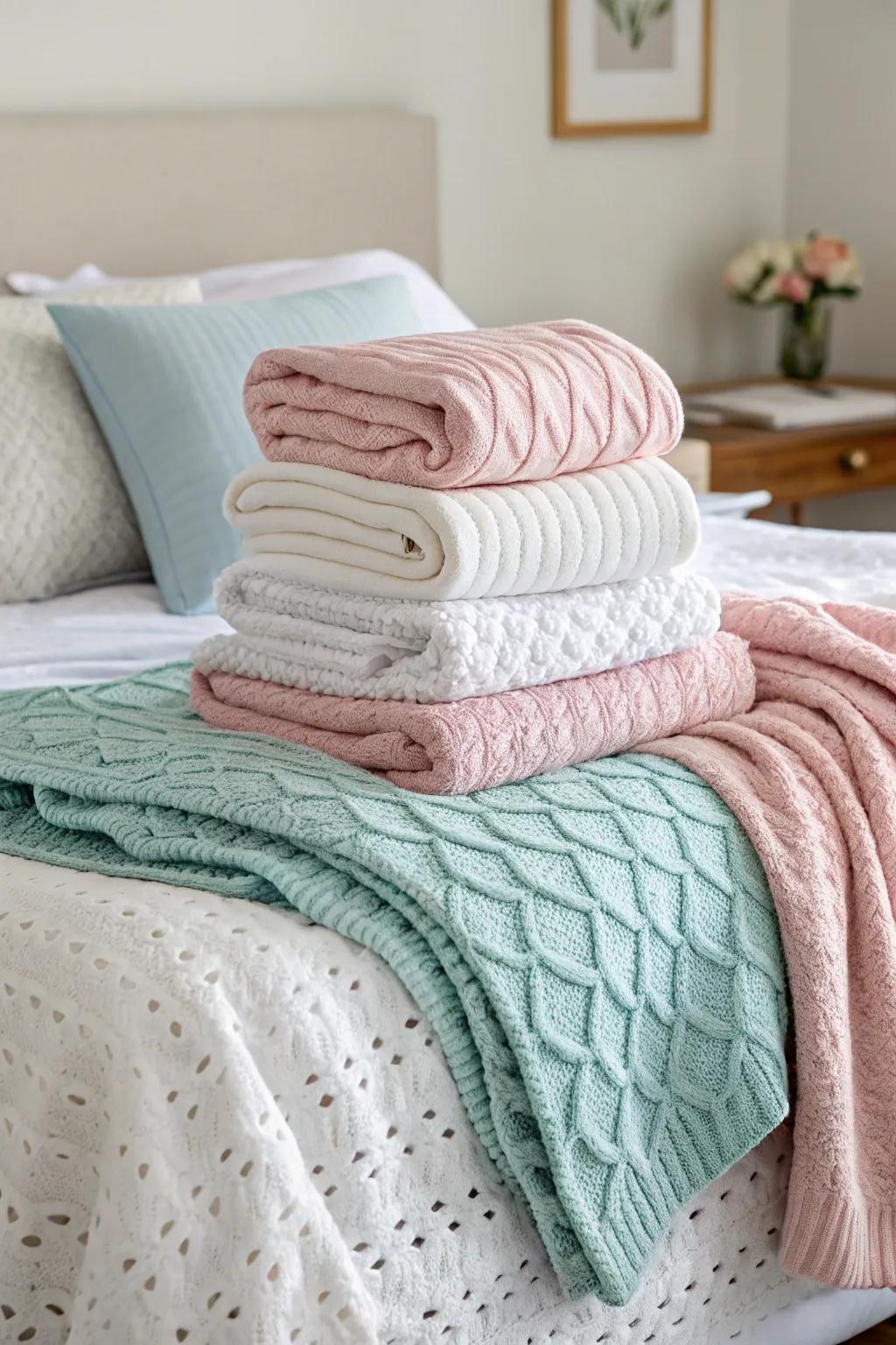 Throw blankets adding color and texture to the layered bed.