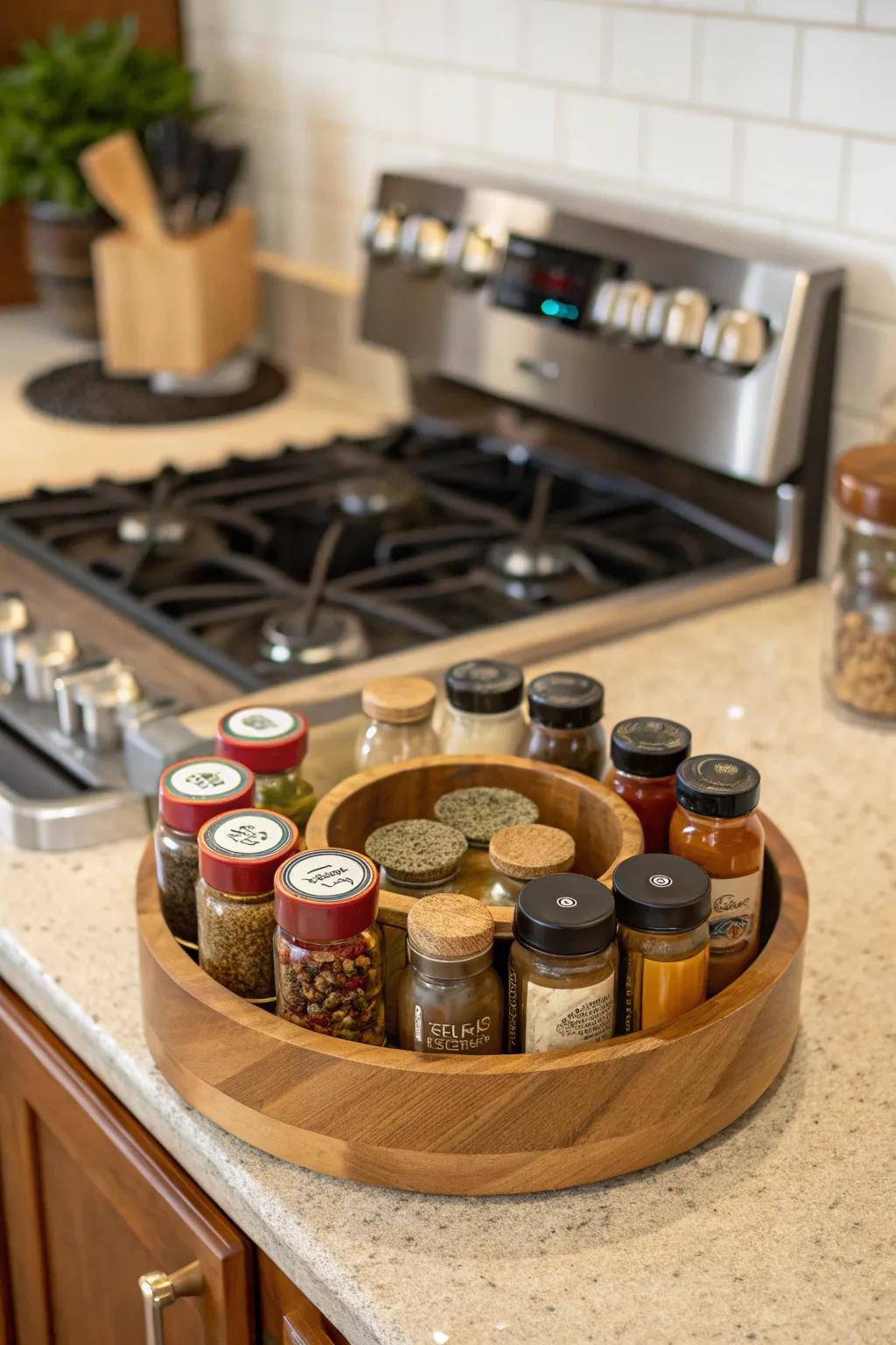 An orderly layout of seasonings on a rotating tray for easy approach.