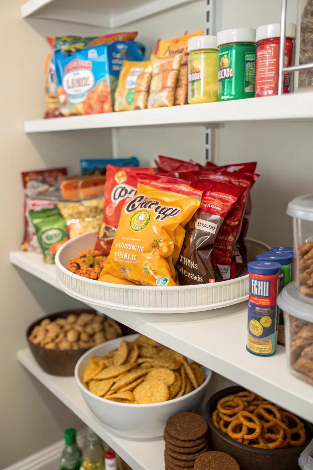 Organize snacks efficiently with a dedicated spinning organizer.