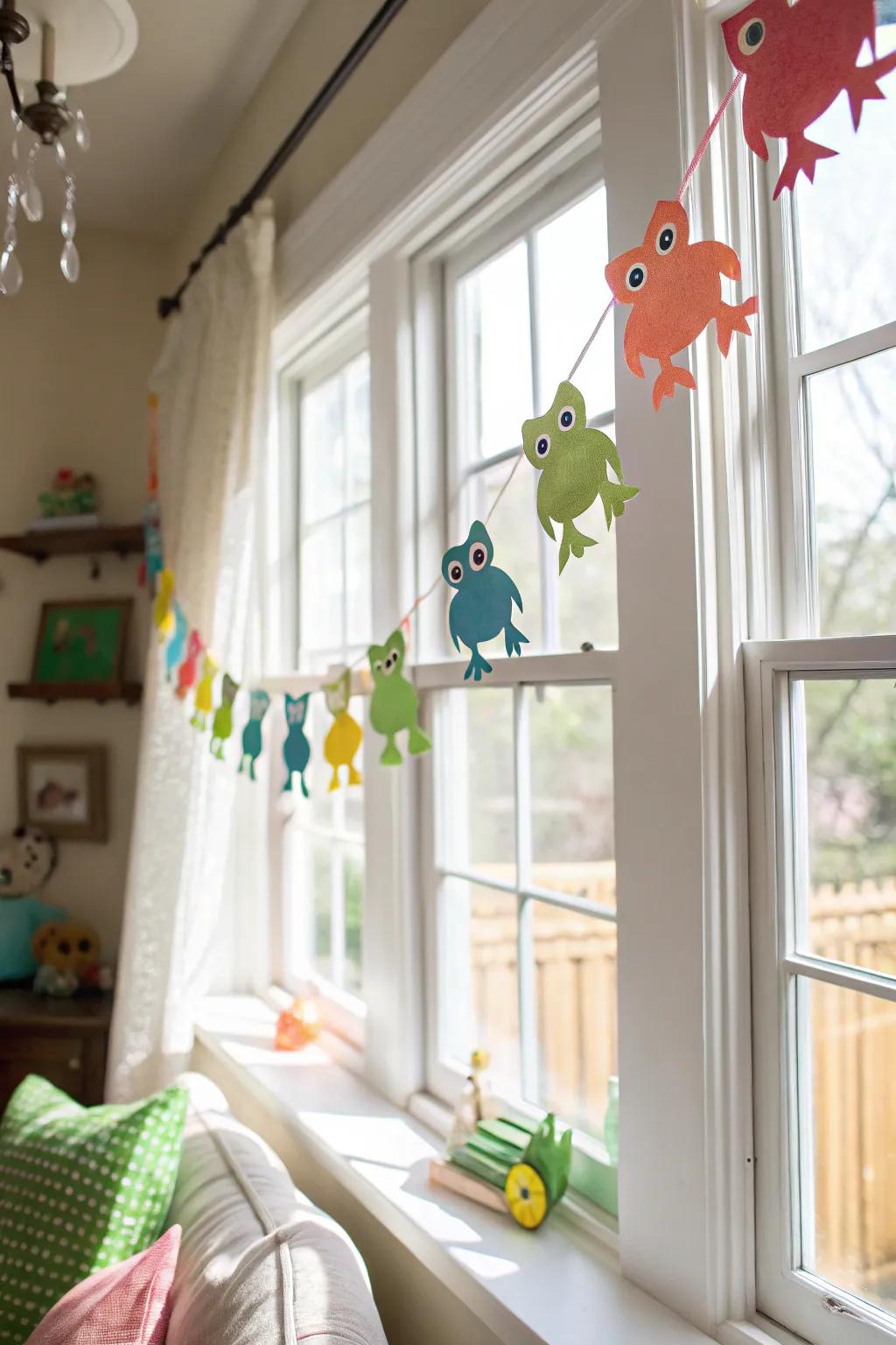 A handmade frog garland adds a playful detail to your space.