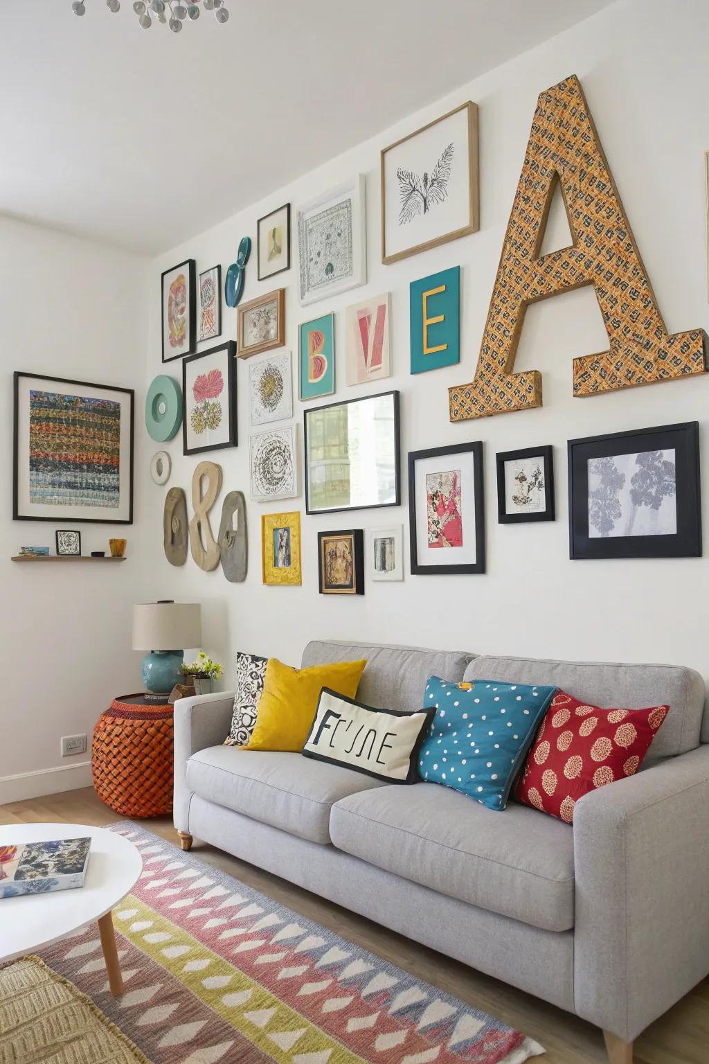 An inventive wall display using letters and art.