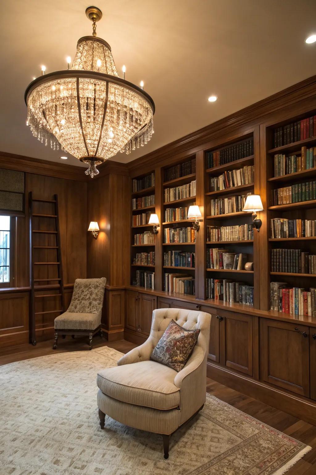 A statement hanging light that adds elegance and warmth to the library.