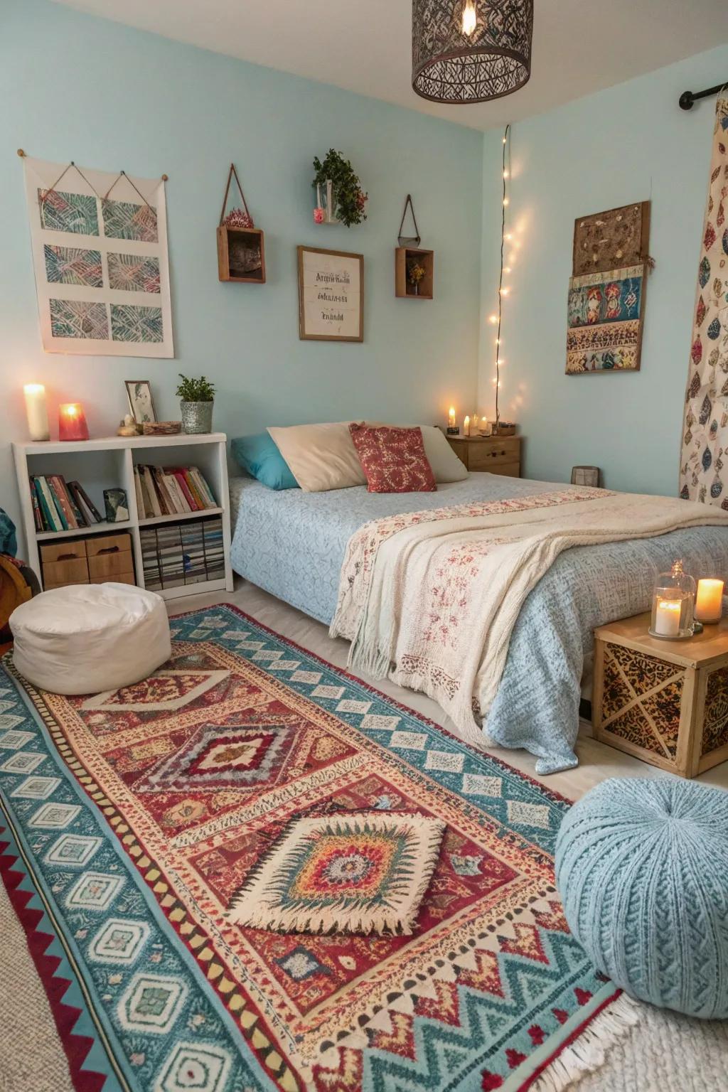 A bohemian bedroom featuring patterned floor coverings and pale blue accents for a distinctive ambiance.