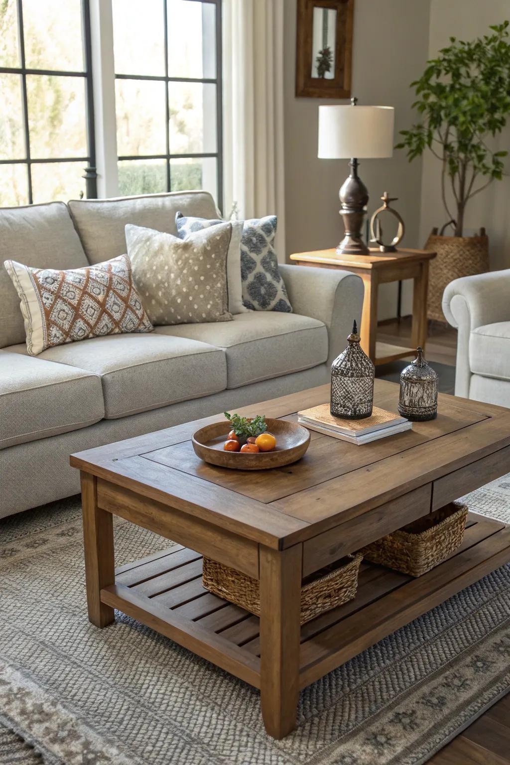 Wood details bring warmth and texture to a pale stone sofa arrangement.
