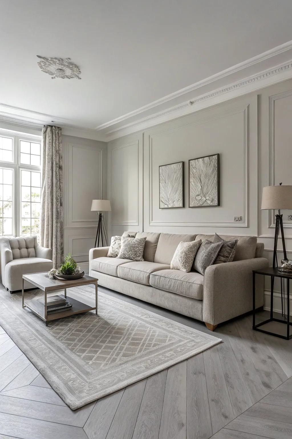 A sleek monochrome living area with light grey flooring.