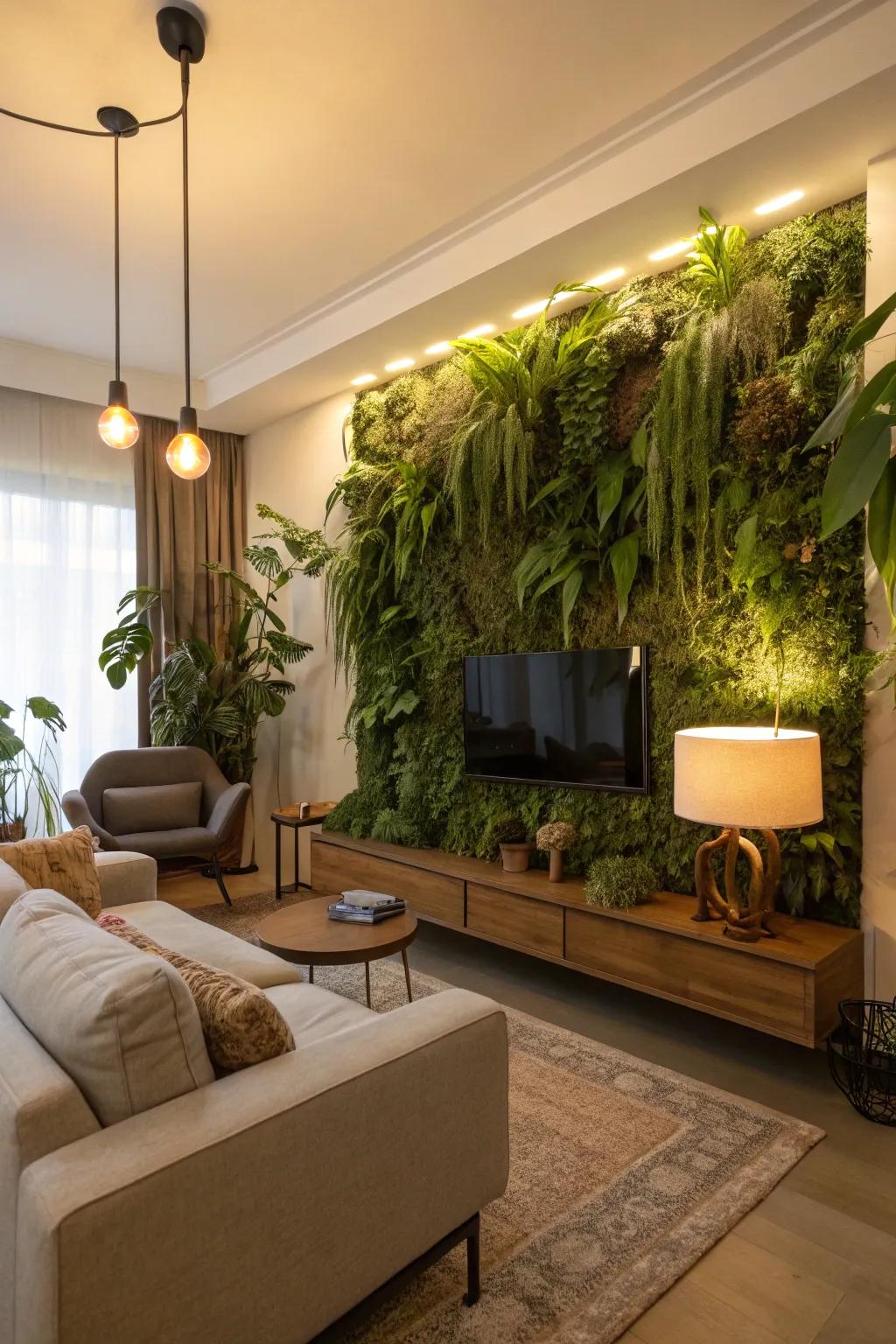 A living plant wall introduces natural beauty and vibrancy to this living space.