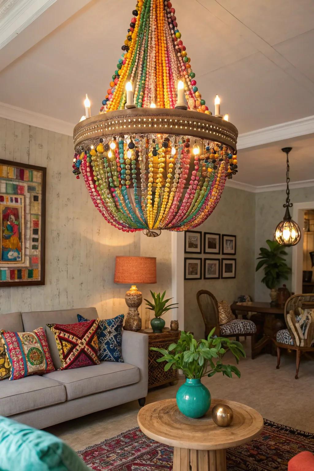 An eclectic living room with a beaded chandelier showcasing vibrant beads.