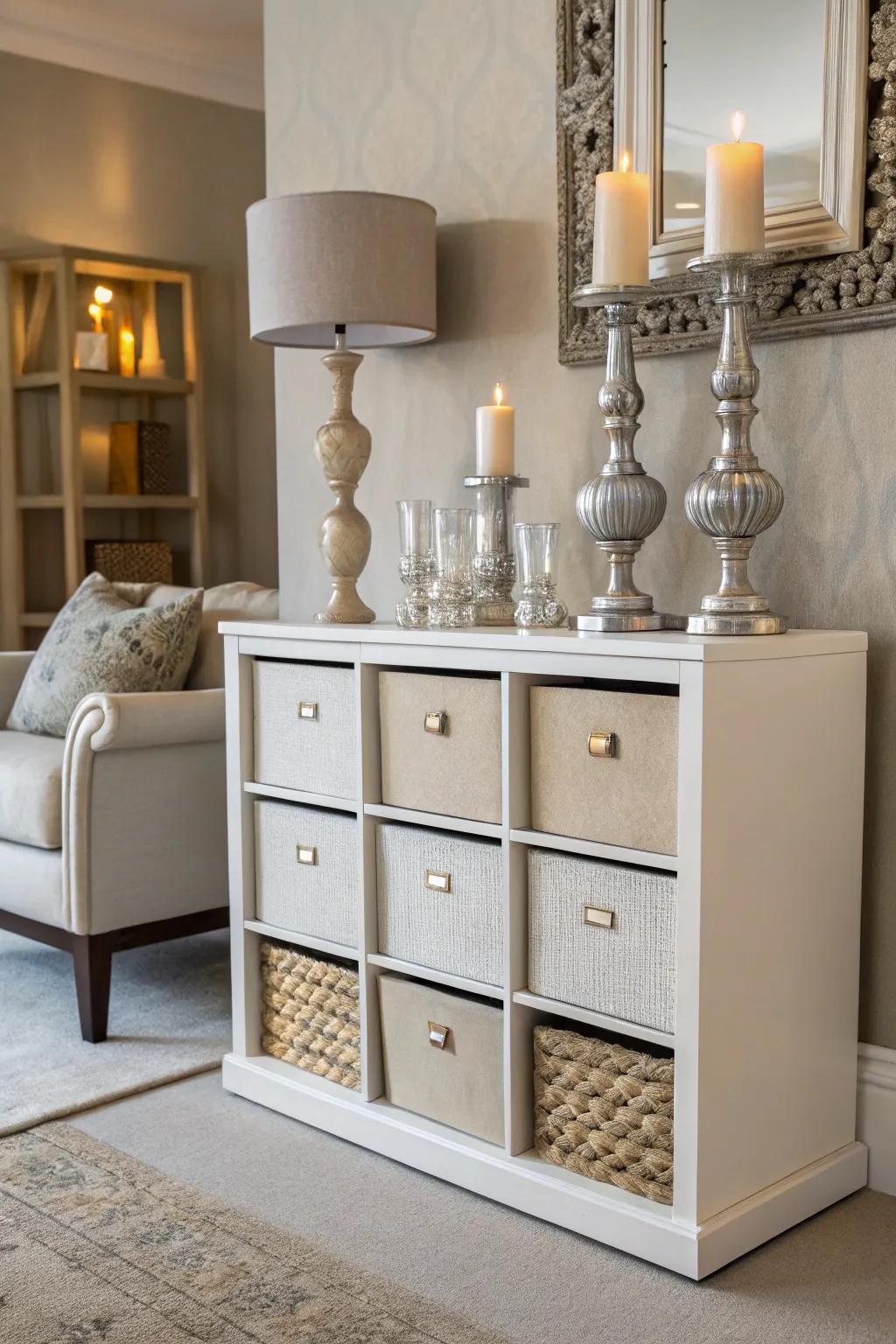 Elegant accents positioned on cube storage add a touch of class.