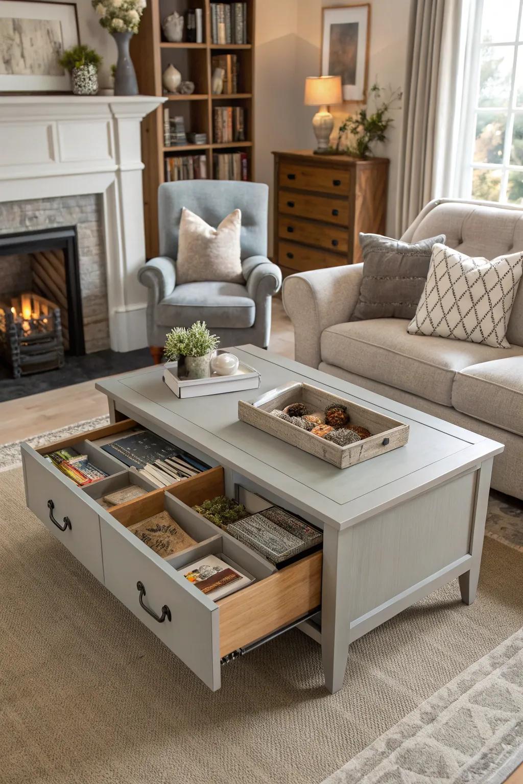 A functional center table as the focal point.