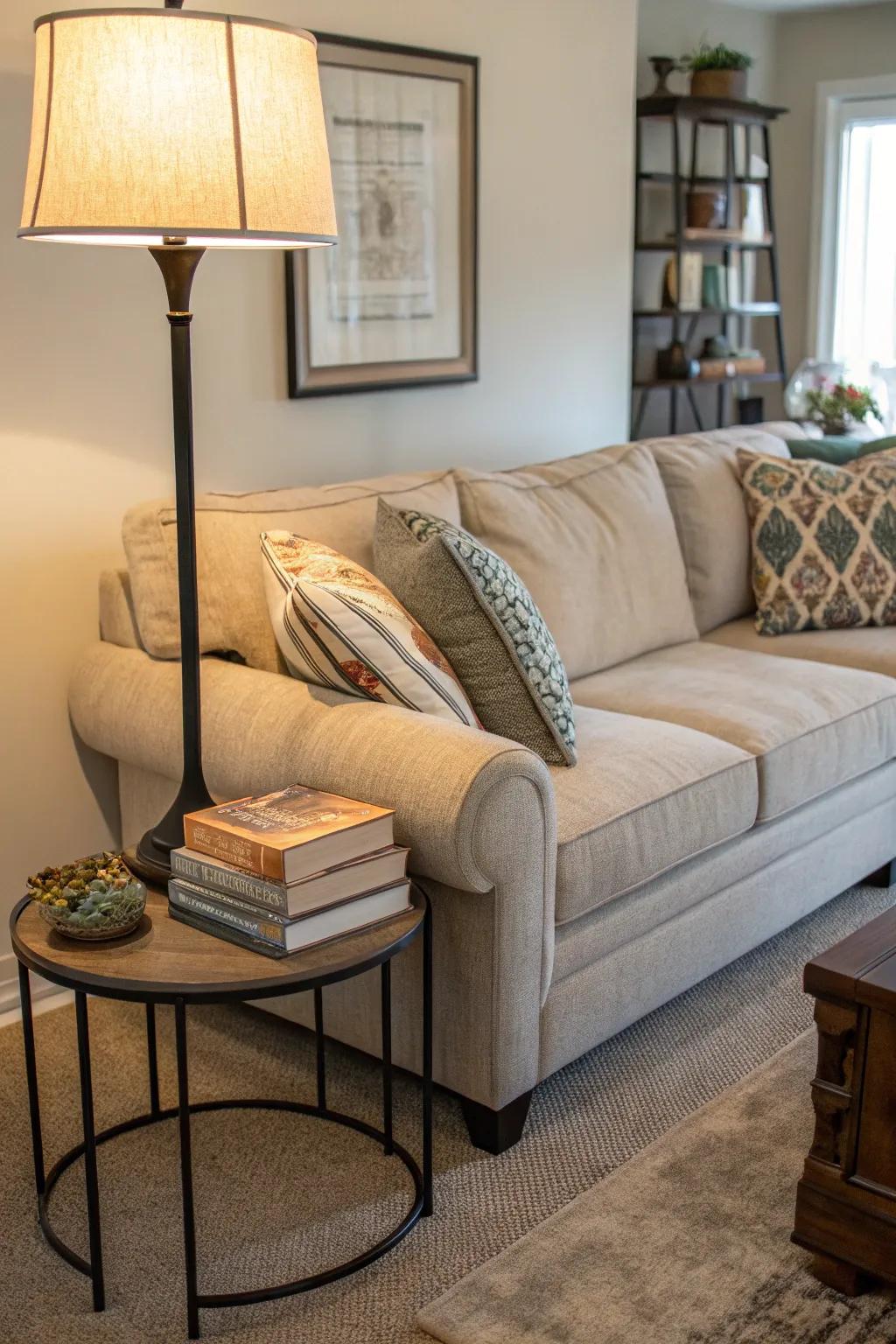 A cozy reading corner nestled within a sectional.