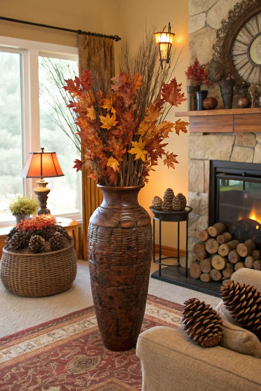 Seasonal pieces like pinecones and leaves bring autumn's charm into your living space.